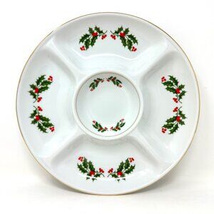 Beautiful Vintage "Christmas Holly" Divided Serving Dish/Platter Japan Porcelain